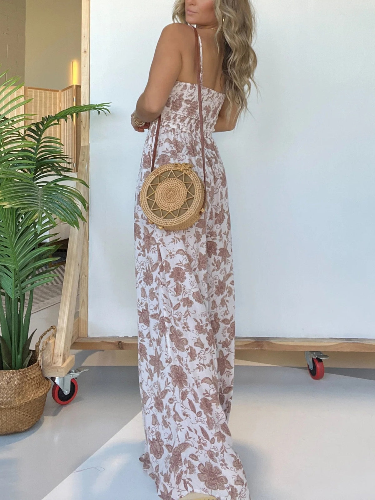 Floral Strap One-piece Wide-leg Pants