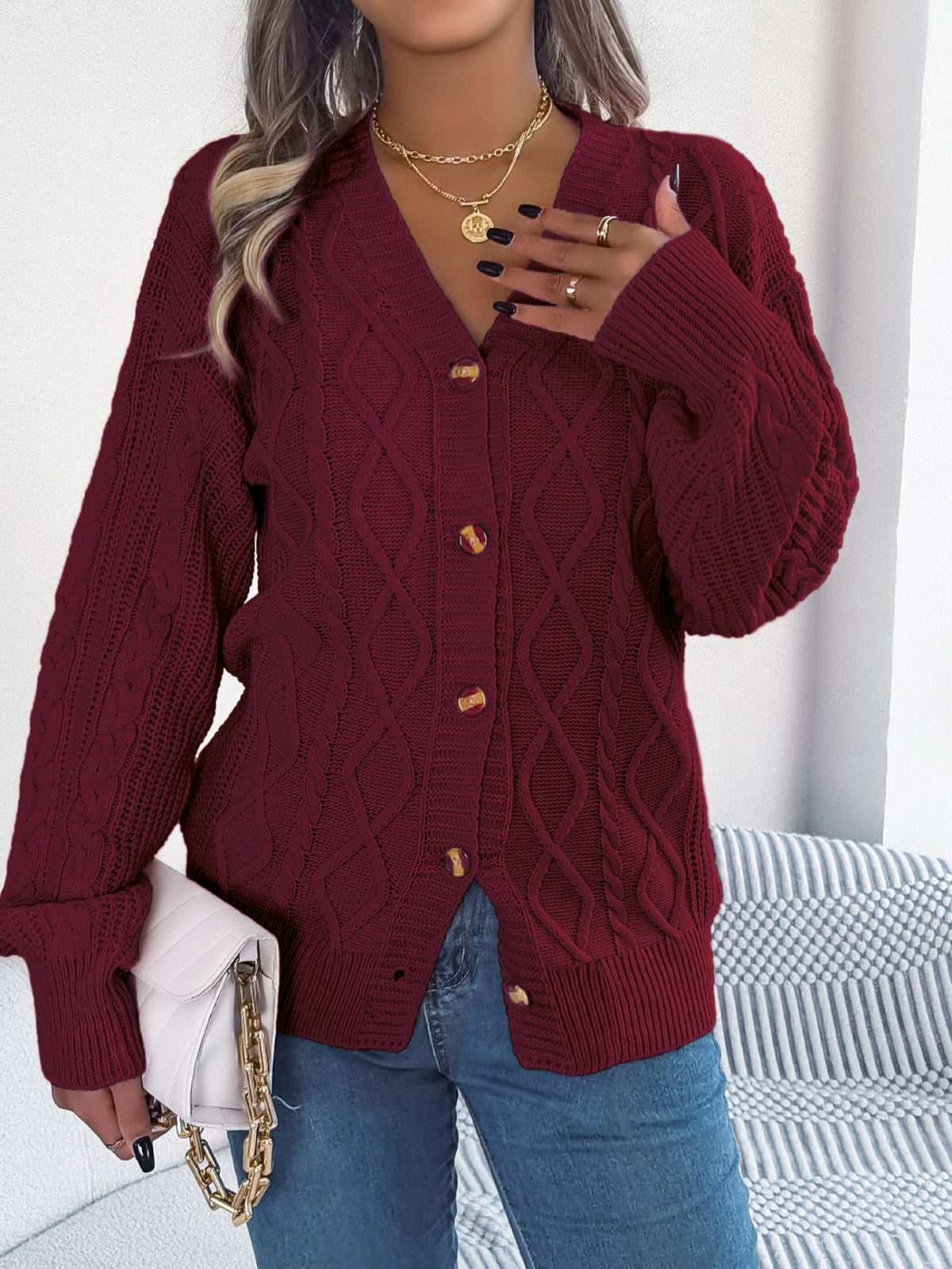 Women Casual V-neck Lantern Sleeve Cable Knit Button Cardigan Sweater