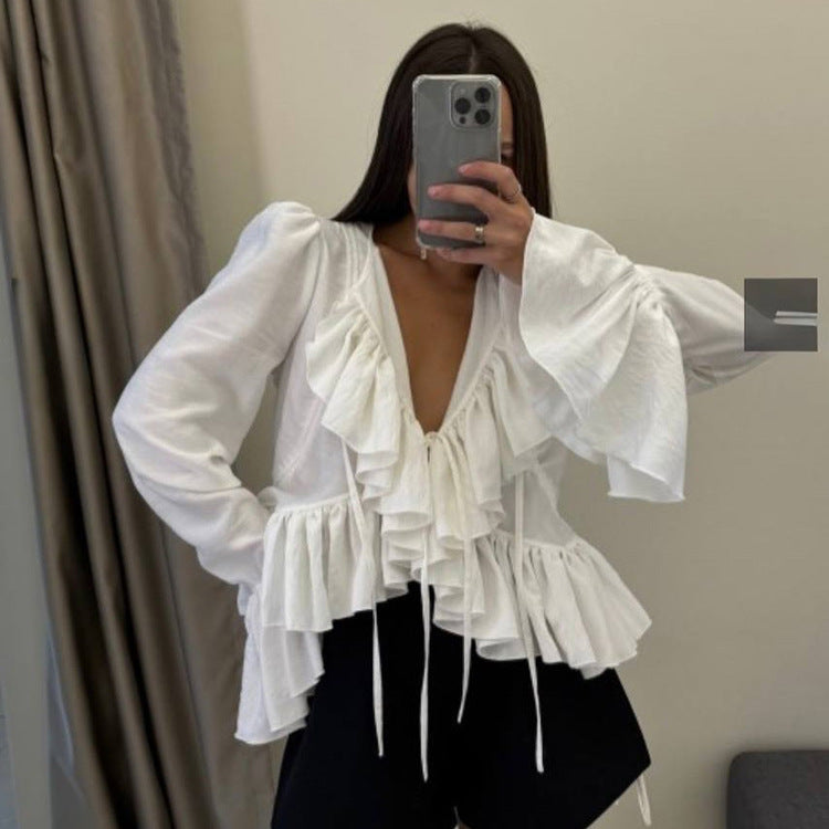 Womens Ruffled Flare-Sleeve Lace-Up Top Shirt