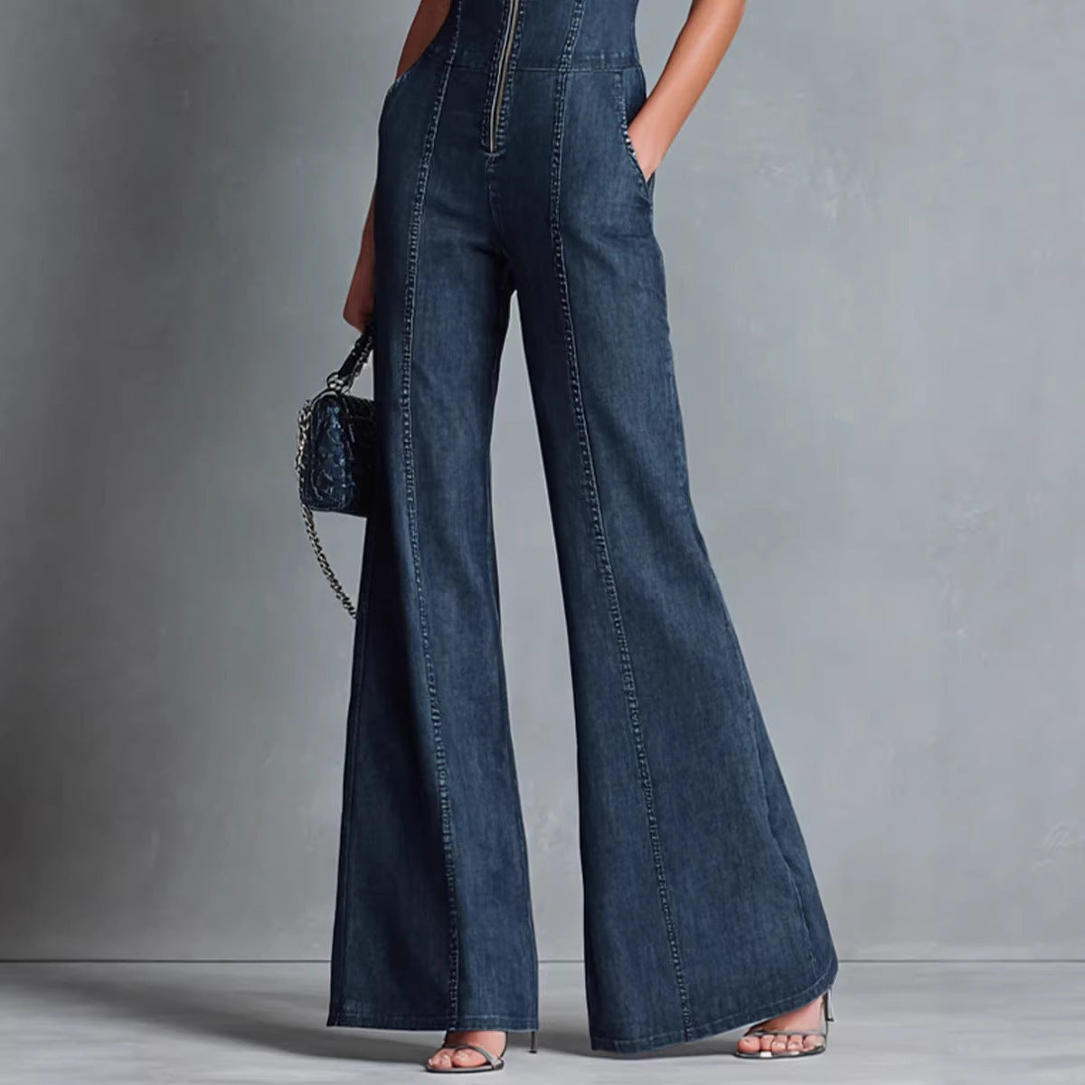 Retro Dark Blue Front-Zip Slim Denim Jumpsuit