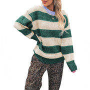 Striped Colorblock Loose-fit Crew-neck Sweater for Women