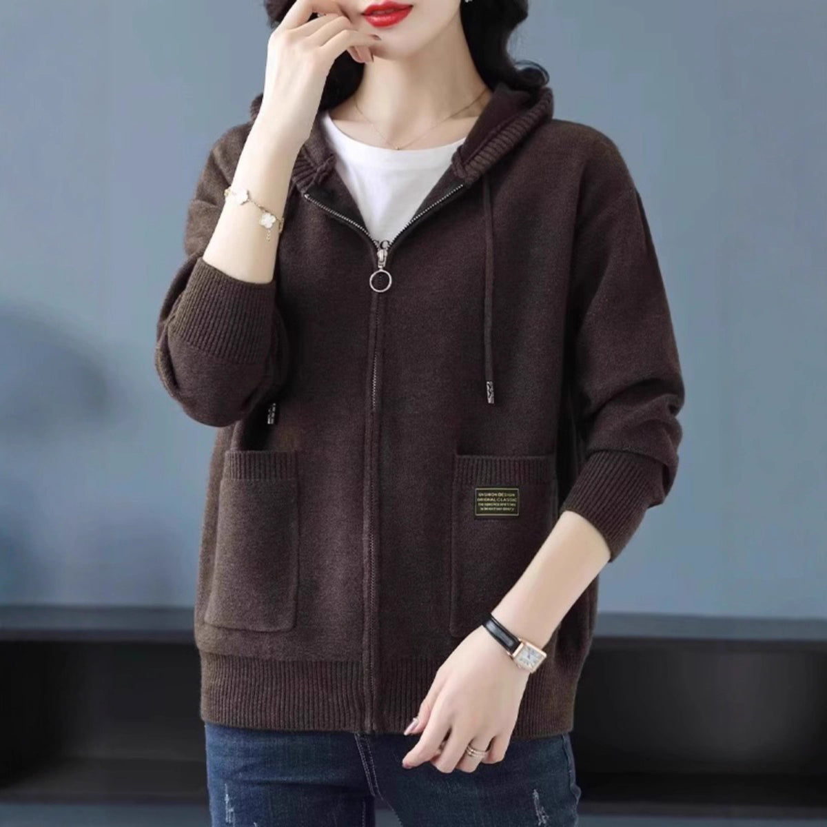 Knitwear Hooded Sweater Coat Women's Loose Zip Knitted Cardigan
