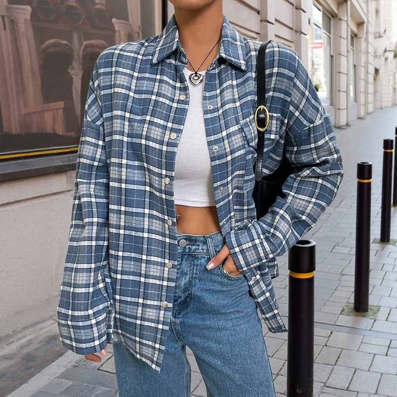 Classic Check Thin Shirt Coat Women's Loose Casual