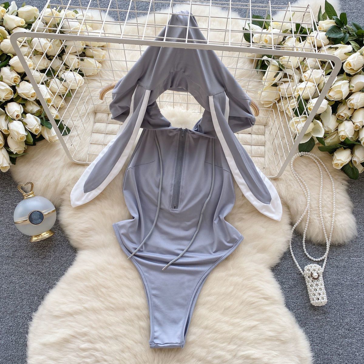 Plus-Size Bunny Ear Hooded Bodysuit Cosplay Romper