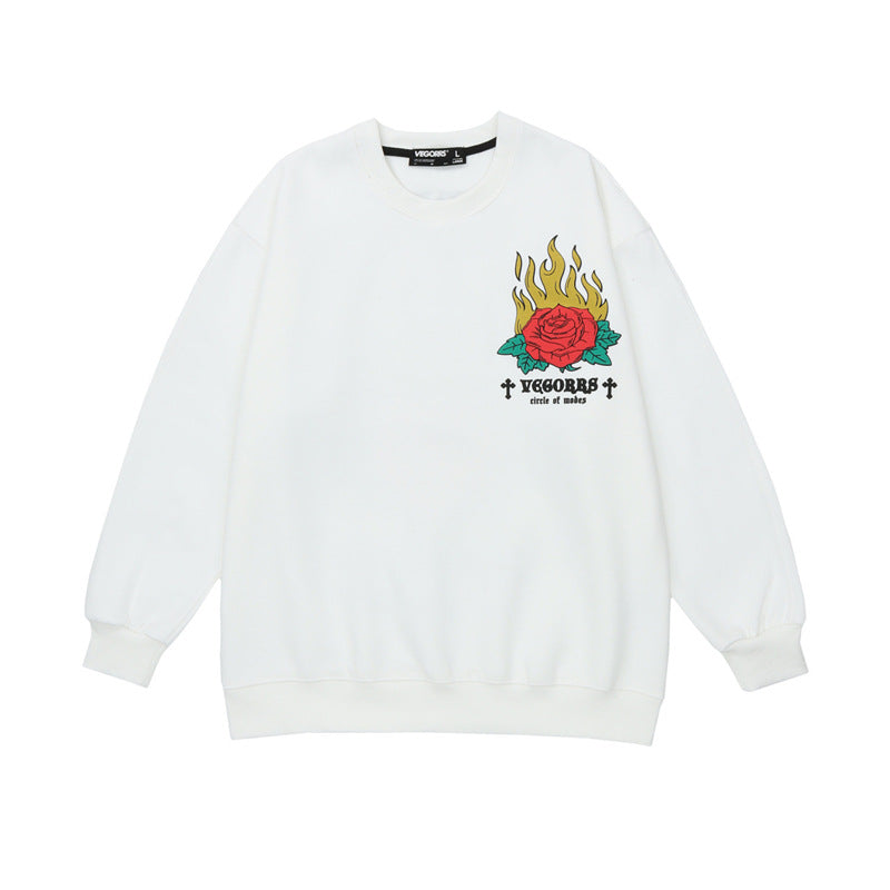 Plus Fleece Flame Rose Hoodie - Cozy Thermal Sweatshirt