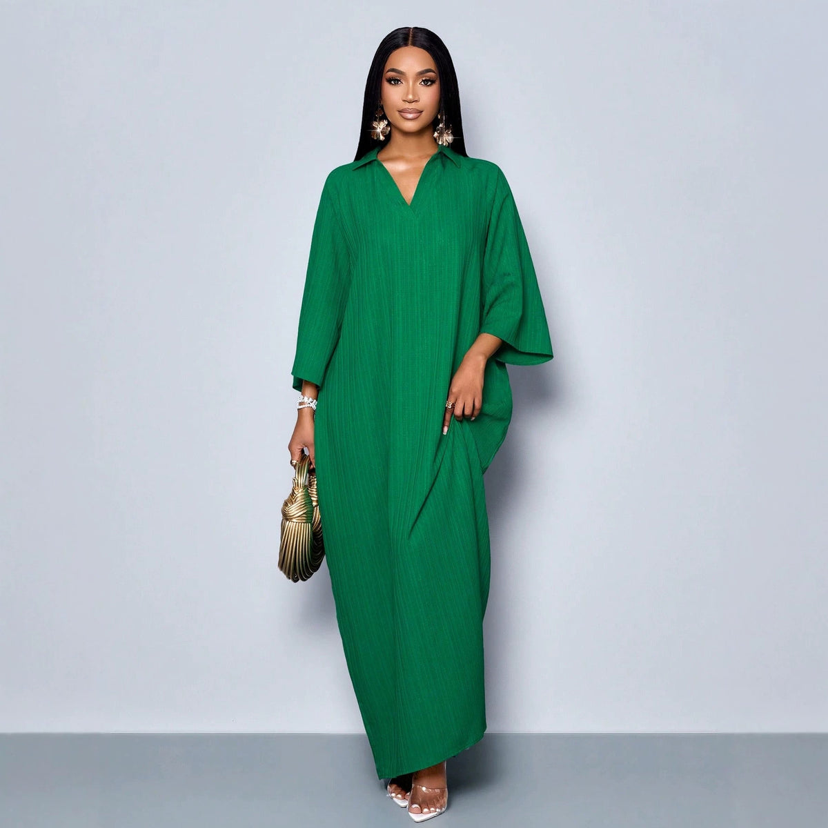 Womens Solid-color Draped Textured V-neck Dress
