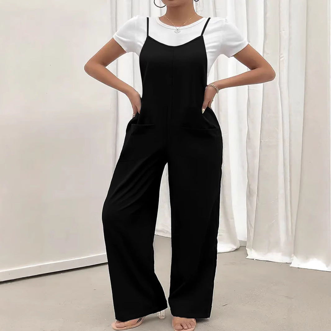 Solid Color Casual Suspender Jumpsuit Women's Clothing