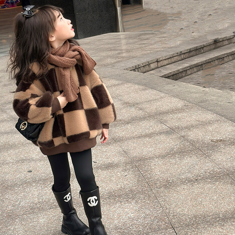 Kids Fleece-Lined Plaid Sweater Warm Winter Pullover