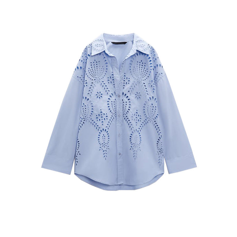 Long Sleeve Lapel Versatile Casual Top Hollow Embroidery Loose Shirt