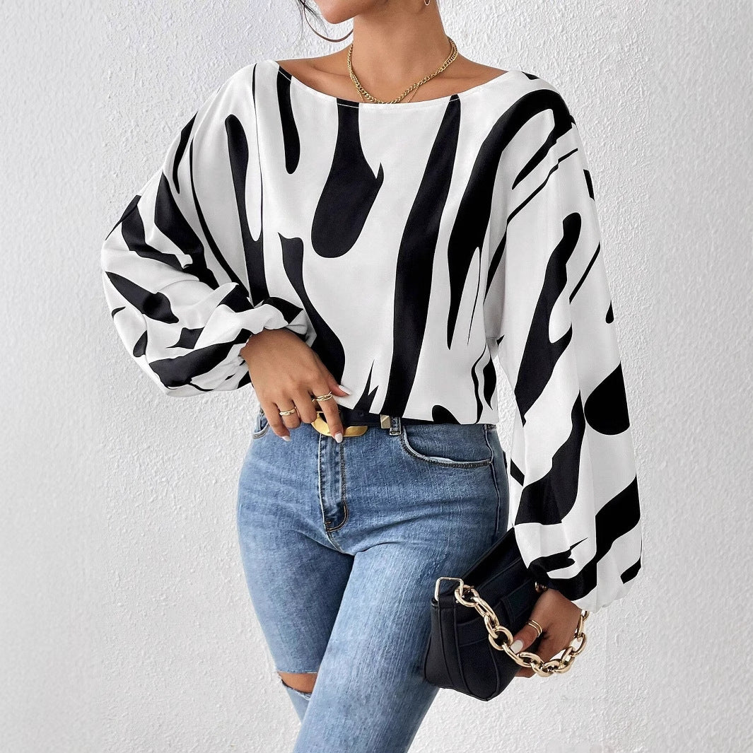 White Boat Neck Long‑Sleeve Shirt – Casual Printed Tee