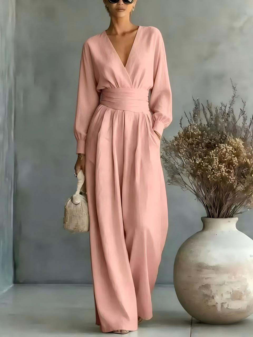 Fitted-waist V-neck Long-sleeve Womens Solid-color Jumpsuit