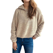 Womens Casual Solid-color Long-sleeve Lapel Zip-up Pullover Sweater
