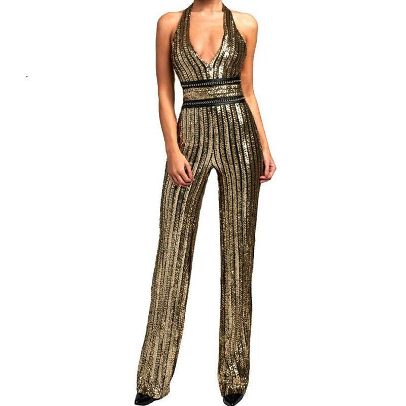 Fashion V-neck Sequins Jumpsuit Waist-slimming Belt Party Casual
