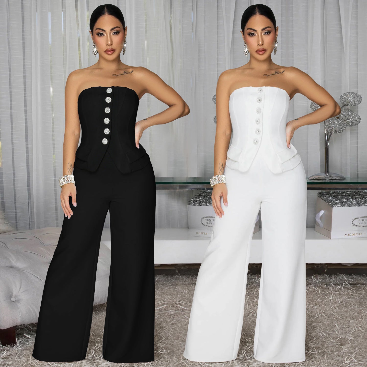 Women's Sexy Strapless Backless Wide-Leg Jumpsuit
