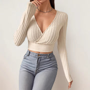 Slim-Fit Deep V‑Neck Long Sleeve Top – Sexy Solid Color Shirt for Women
