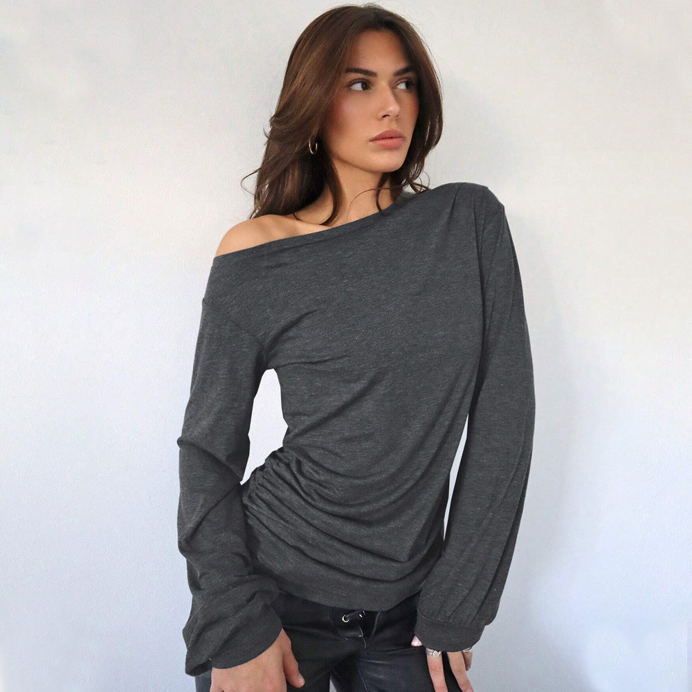 Women's Stylish Diagonal Collar Loose Autumn Winter T-Shirt