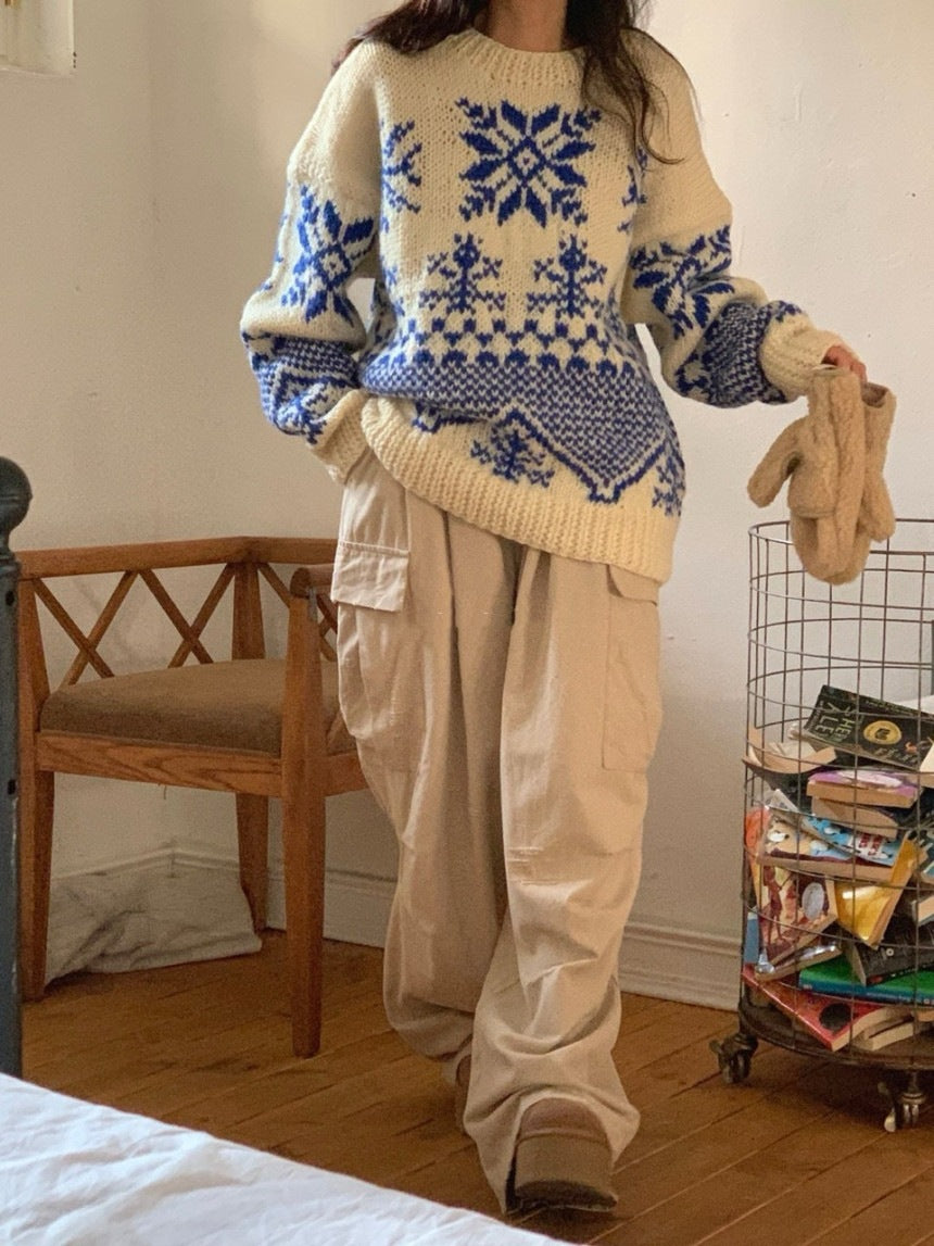 Color-block Jacquard Long-sleeve Warm Sweater for Women