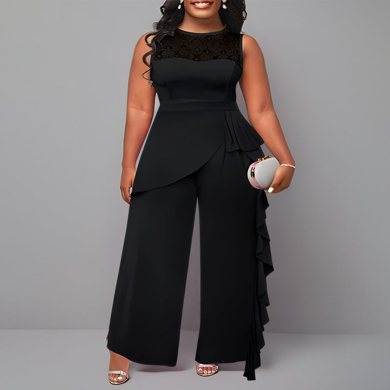 Elegant Plus-Size Straight-Leg Patchwork Jumpsuit