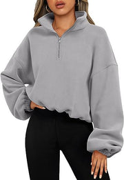 Women's Half Zipped Stand Collar Drawstring At Hem Polar Fleece Autumn Winter Sweater