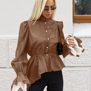 Elegant French‑Style Long‑Sleeve Waist‑Cinch Top with Lace Detail