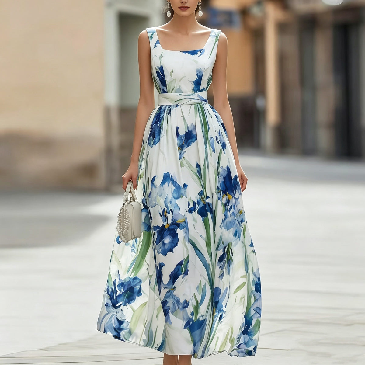 Casual Beach Vacation Boat-neck Sleeveless Printed Dress