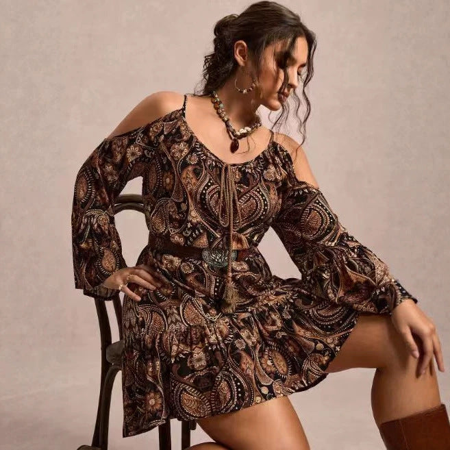 Womens Relaxed-fit Printed Crew-neck Long-sleeve Dress