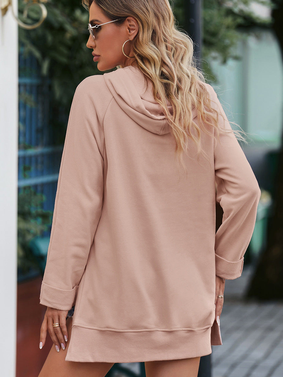 Women's Cozy Mid-Length Solid Color Hooded Sweatshirt