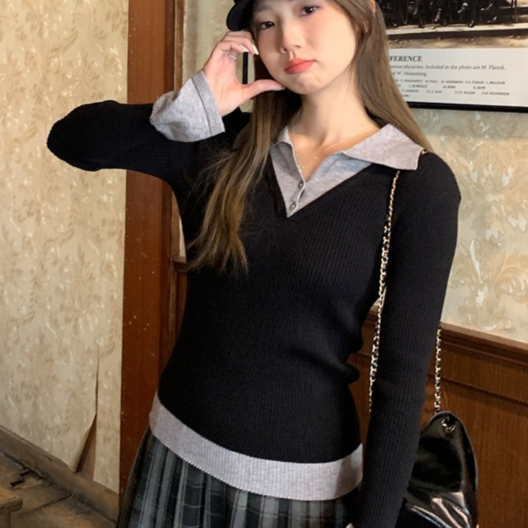 Polo-neck Flared Long-sleeve Elegant Sweater Top
