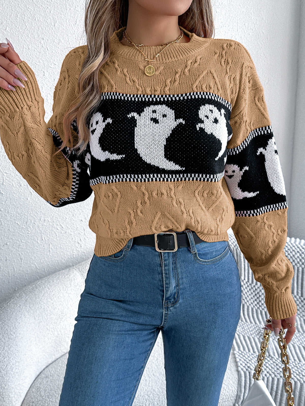 Women Ghost Color Block Long Sleeve Pullover Sweater