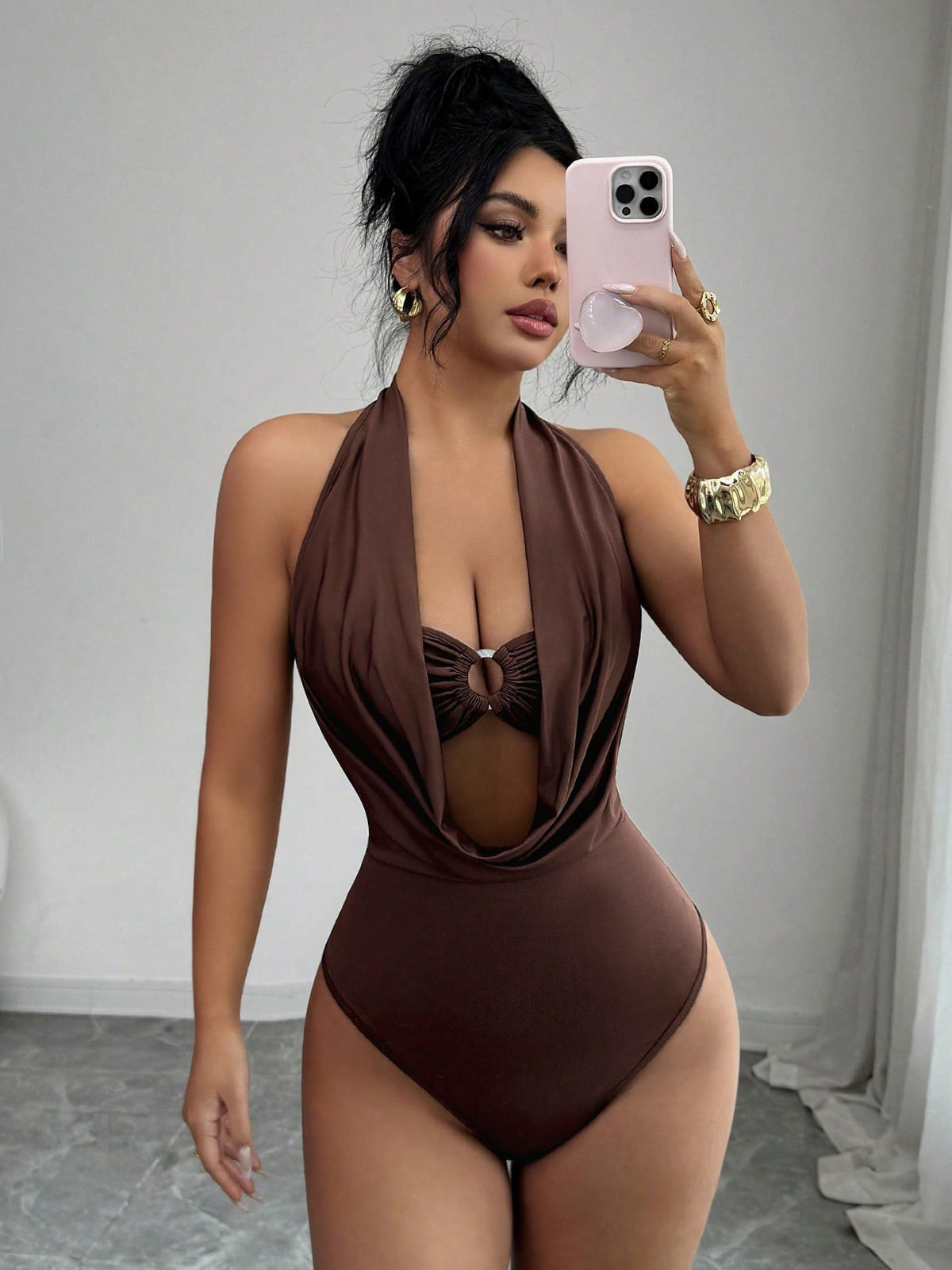 Womens Solid-color Deep V-neck Halter Hollow-out Ring-design Figure-flattering Jumpsuit