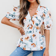 Green Floral Puff Sleeve V-Neck Babydoll Blouse