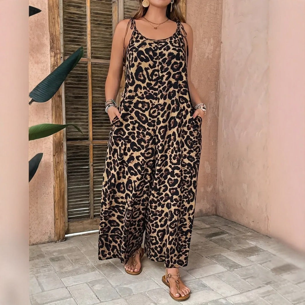 Leopard-print Strap Jumpsuit Plus-size Womens Clothing