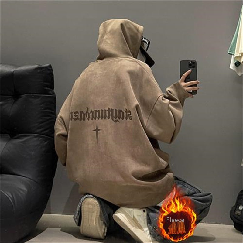 Plush Fleece Burgundy Suede Pullover Hoodie