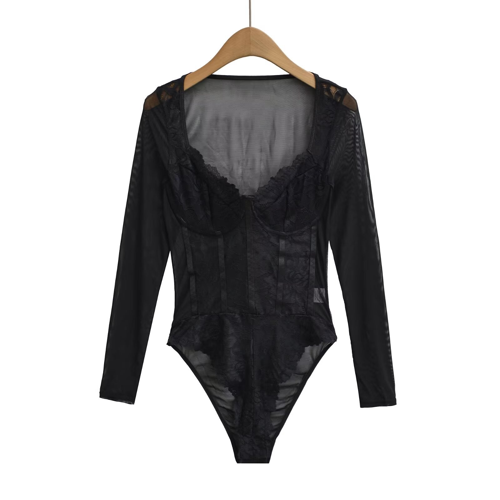 Women's Black Lace Hollow-Out Sheer Bodysuit