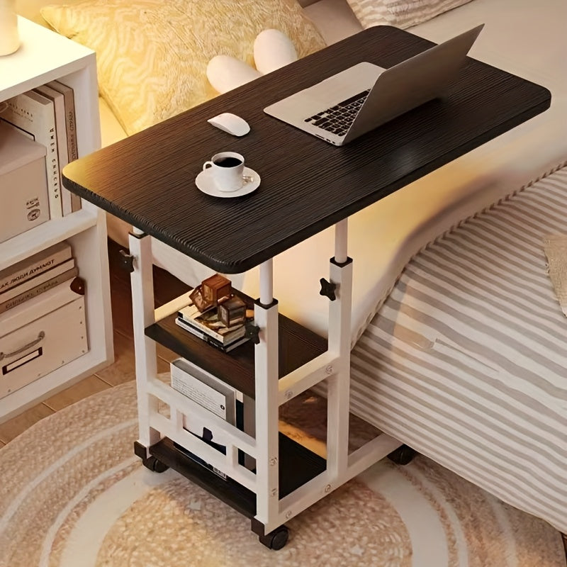 [Mobile Laptop Table] Height-Adjustable Mobile Laptop Table - 4-Wheel Rolling Study/Workstation Desk with Dual Shelves for Bedside/Dorm/Office Use, Sturdy Modern Finish (Space-Saving Design)