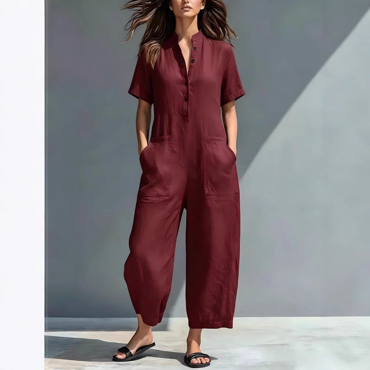 Linen-Blend Short-Sleeve Wide-Leg Jumpsuit
