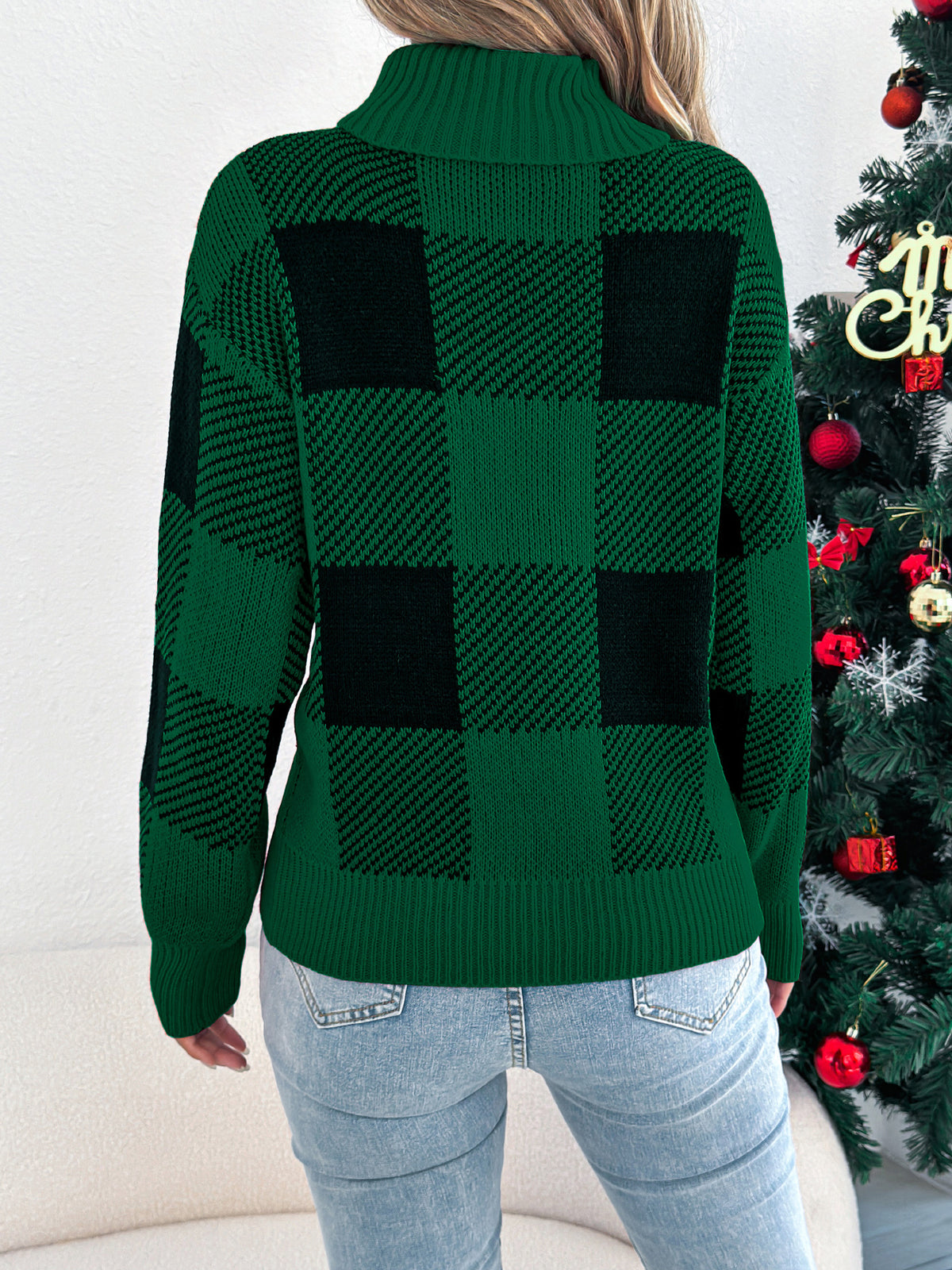 Casual Color Block Plaid Lantern Sleeve High Neck Sweater