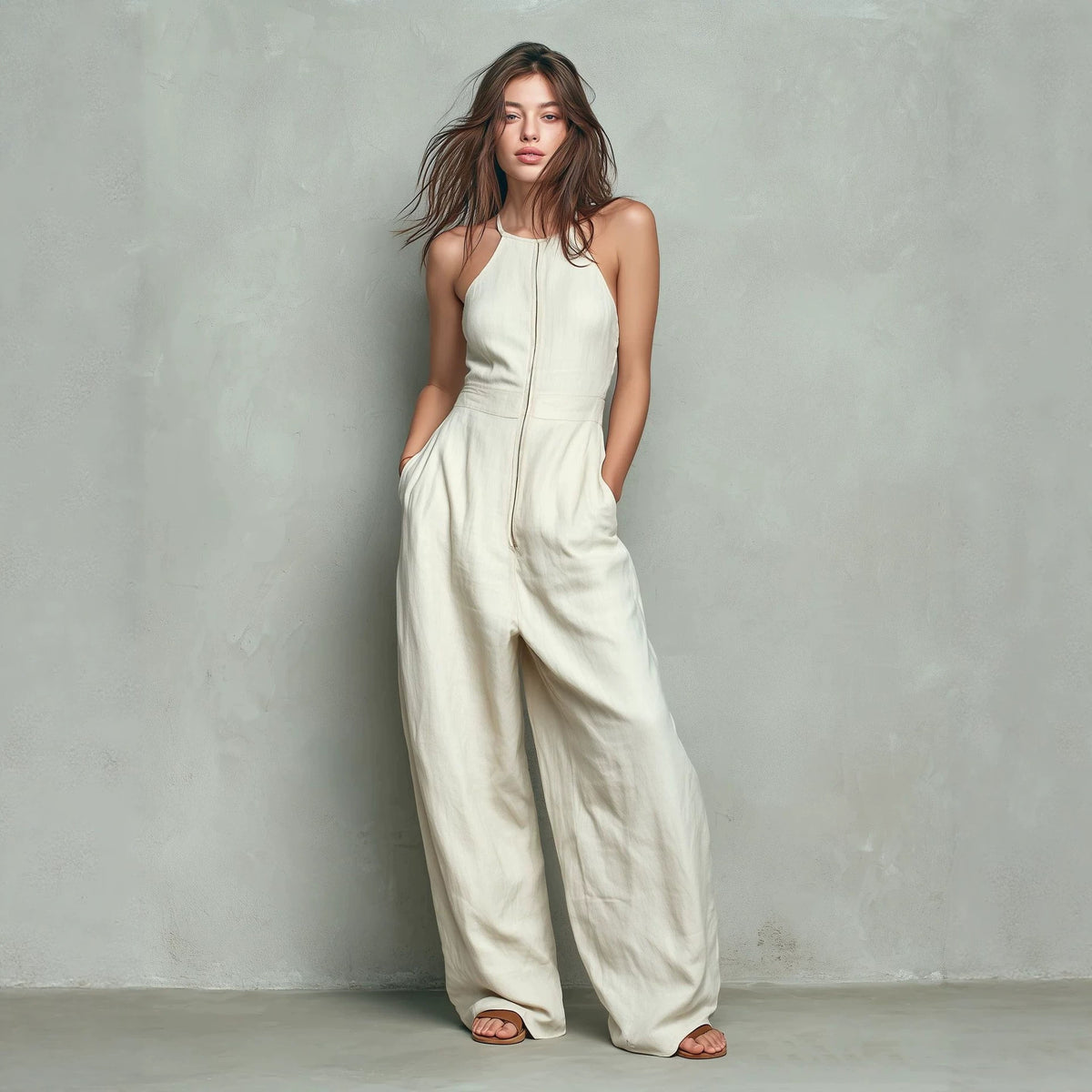 Women's Solid Zip-Front Backless Wide-Leg Jumpsuit