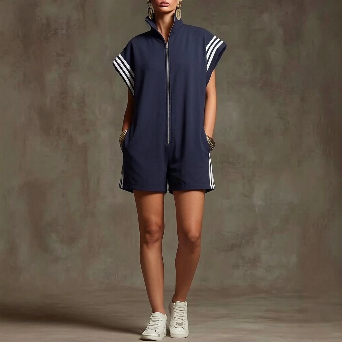 Chic Striped Color-Block Zip Jumpsuit for Women
