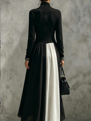 Black and White Contrasting High Neck Long Sleeved Patchwork Large Swing Long Dress