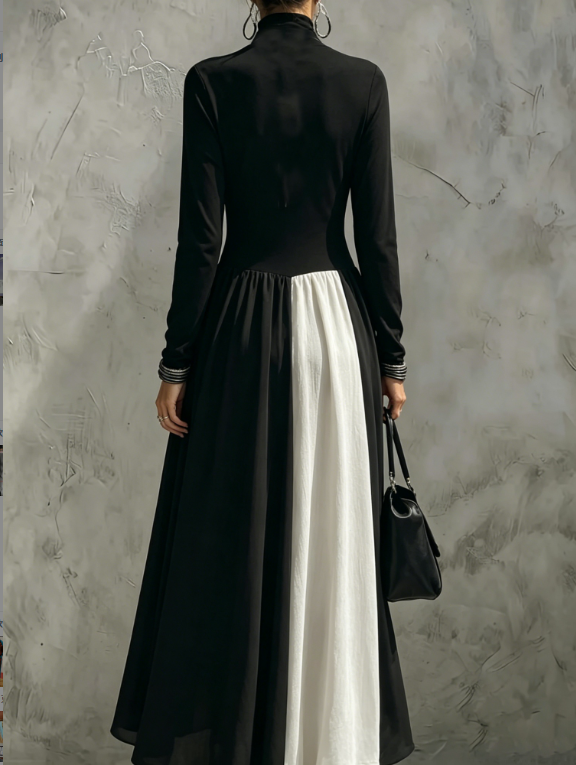 Black and White Contrasting High Neck Long Sleeved Patchwork Large Swing Long Dress