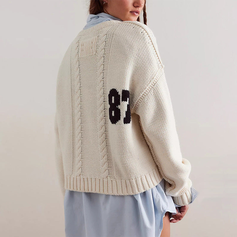 Women's Digital Contrast Color Knitted Pullover Loose-fitting Long Sleeves Sweater