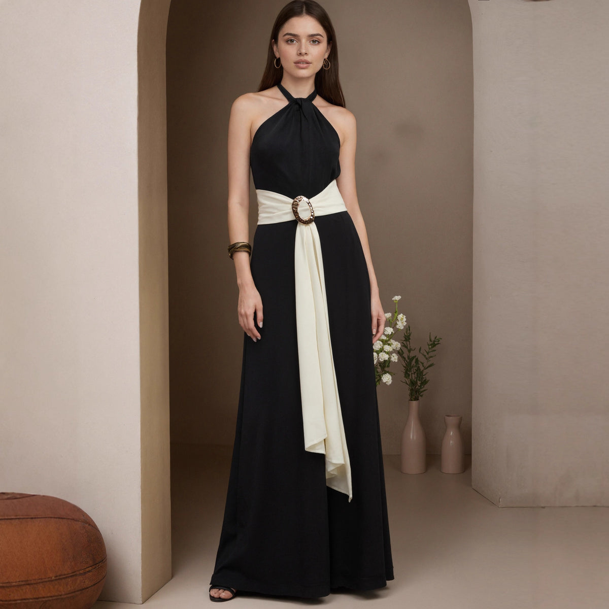 Chic Color-Blocked French Halter Wide-Leg Jumpsuit