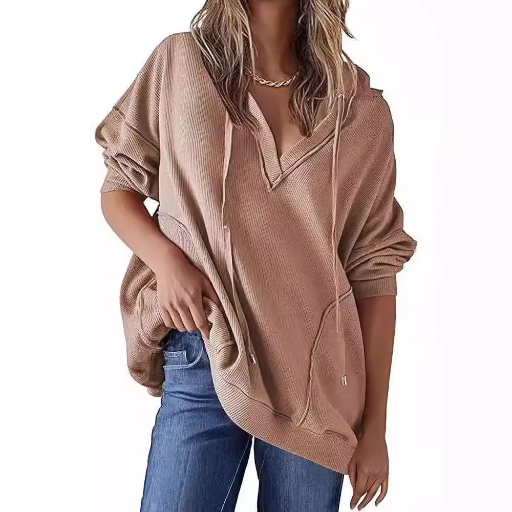 Women's V-Neck Waffle Knit Long-Sleeve Hoodie