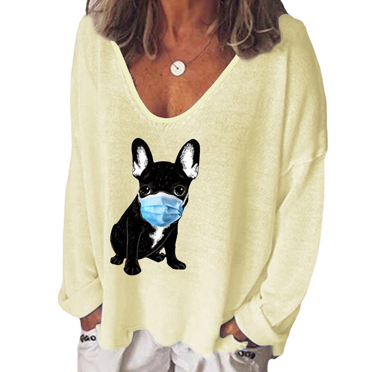 Cute Puppy Print V-Neck Long Sleeve Women's T-Shirt