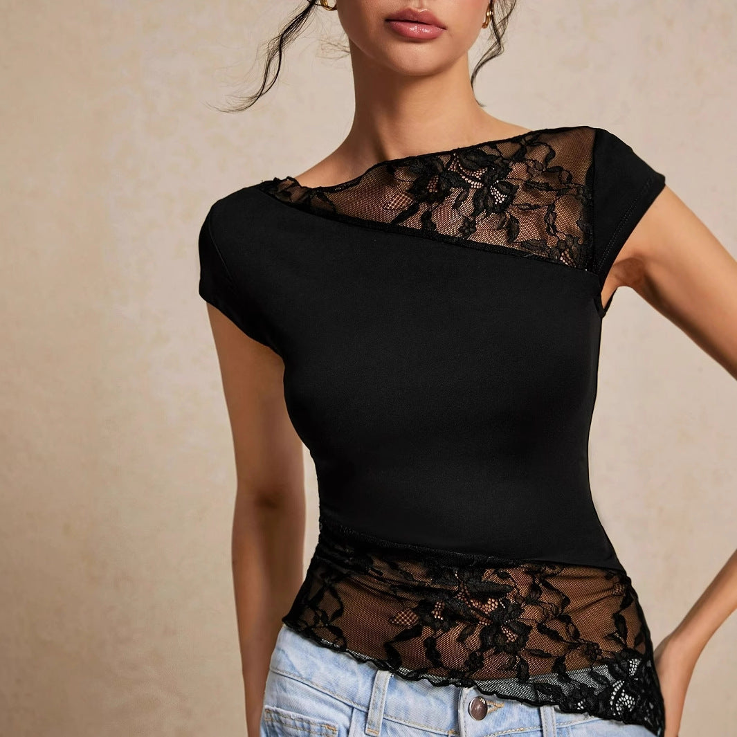 Trendy Slim-Fit Lace-Panel Short Sleeve Top
