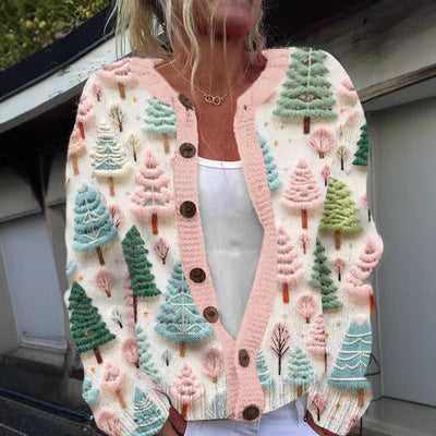 Cardigan Sweater Coat Single Row Button Sweater Printing