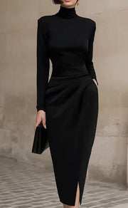 Turtleneck Solid-color Long-sleeve Asymmetrical Slit Dress