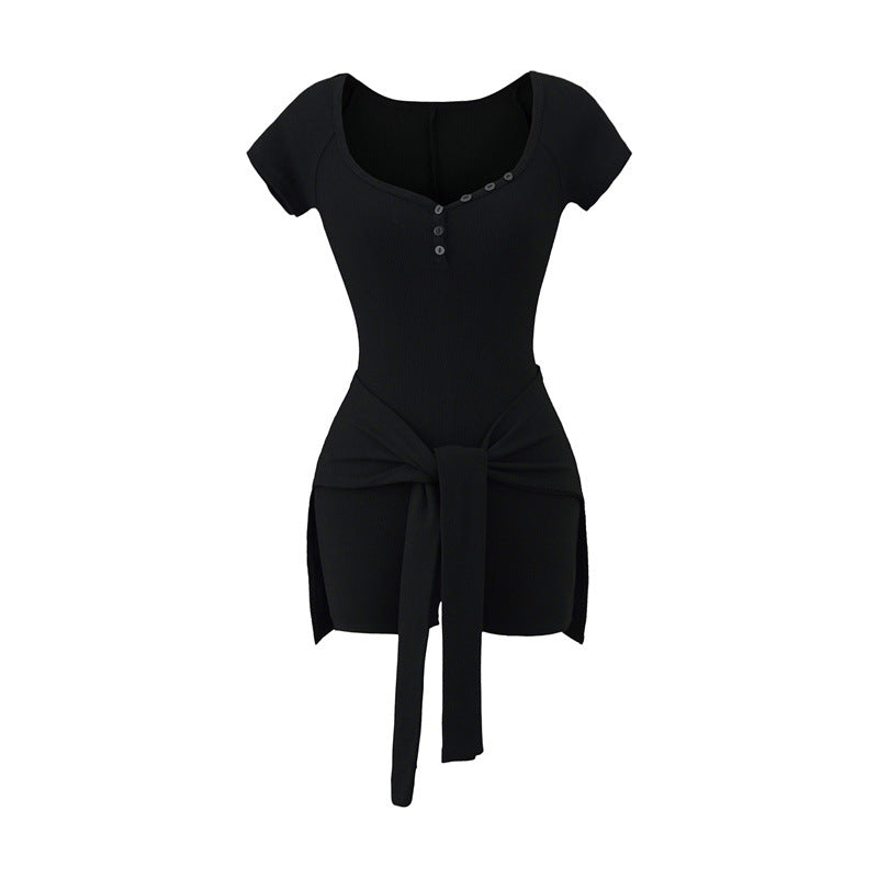 Chic Peach Collar Tied Waist Jumpsuit Romper