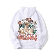 Plus Size Cute Mushroom Slogan Cozy Pullover Hoodie
